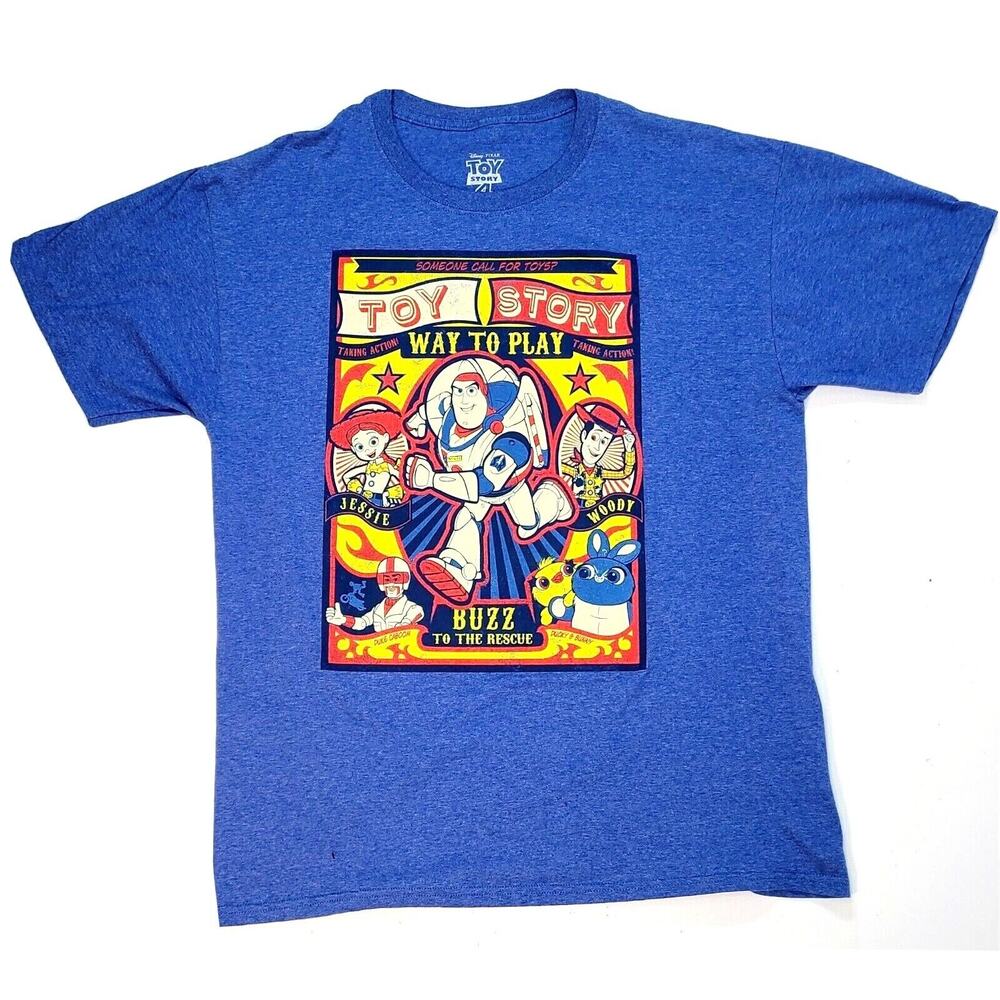 Disney Pixar Toy Story 4 Men's Large Blue Graphic Tee Shirt Buzz To The Rescue
